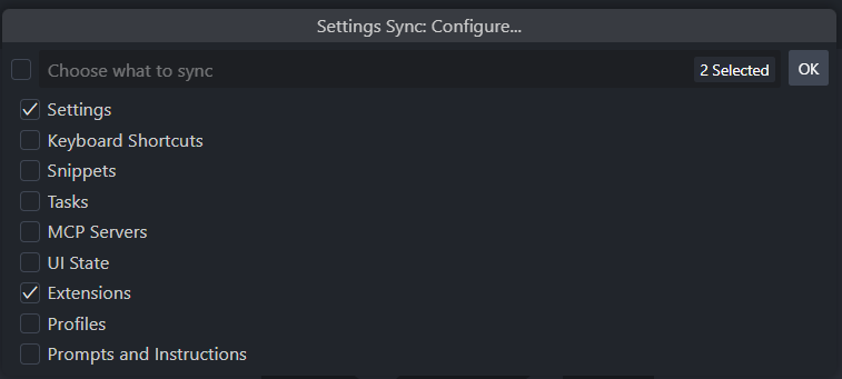 Select which settings to sync